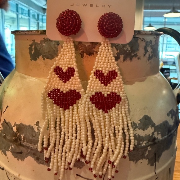 Red and White Beaded Heart Earrings - Picture 2 of 5